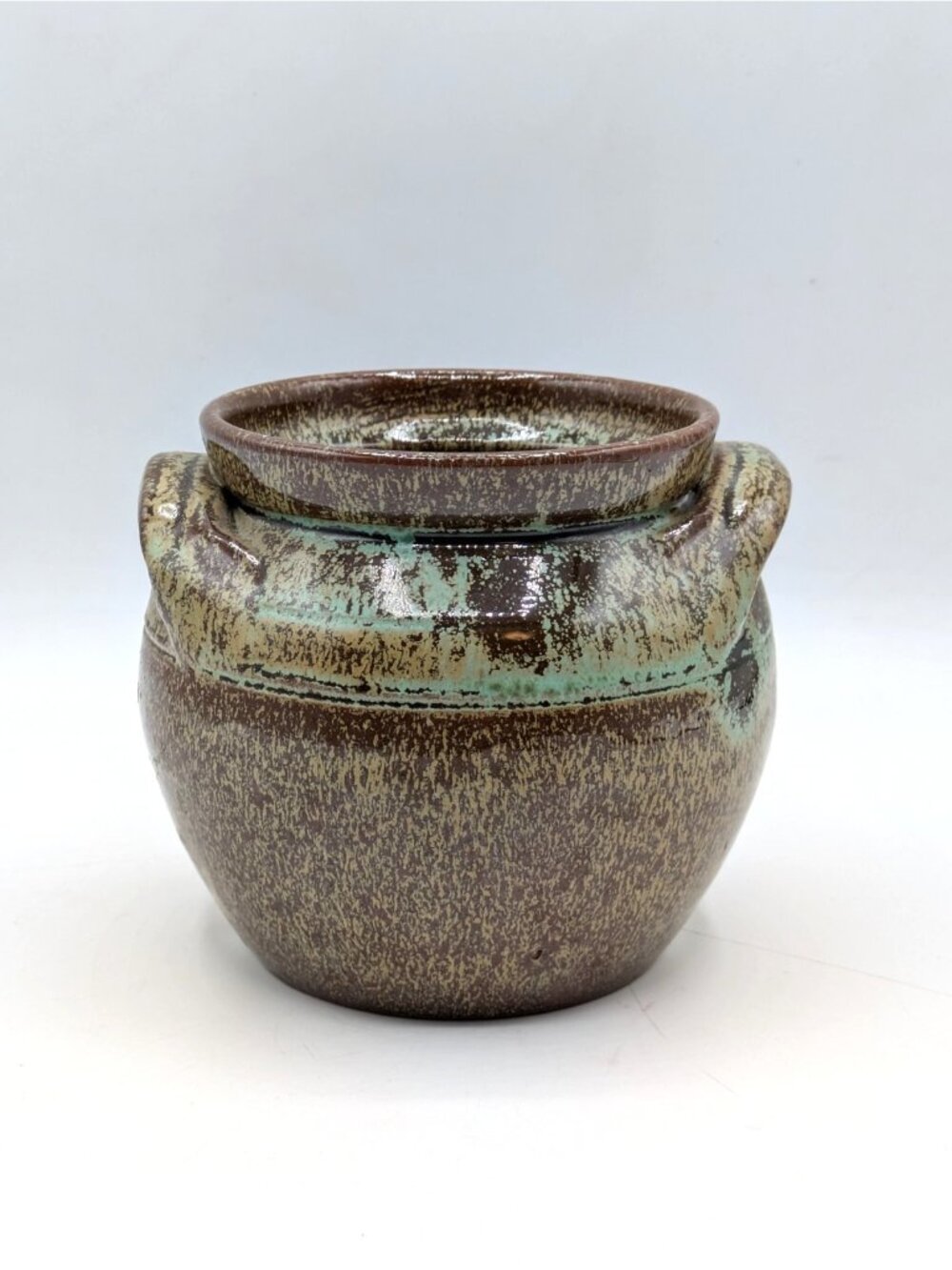 Vintage Art Pottery Handled Pot Green Brown Glaze Vase Signed Handmade 4"